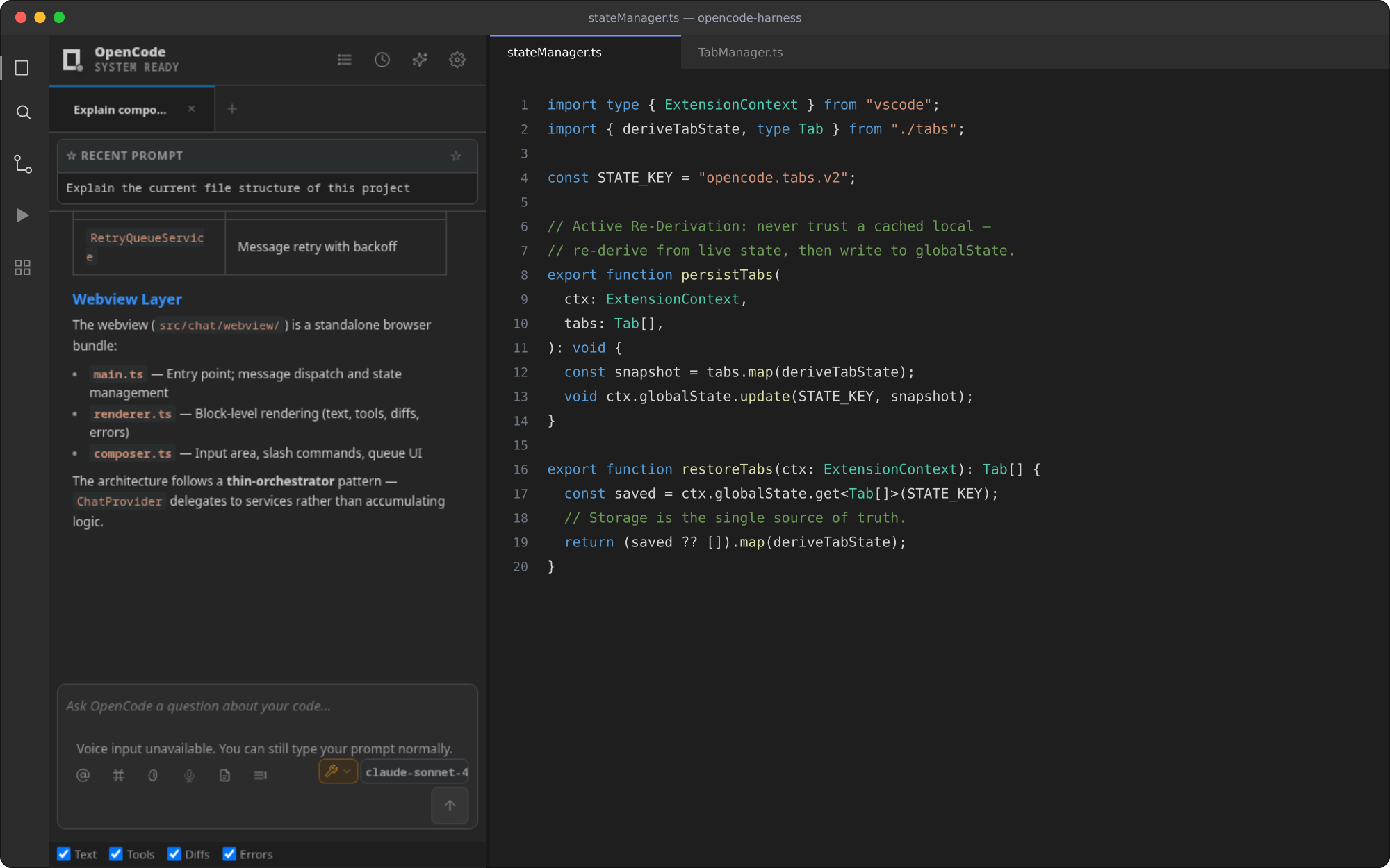 OpenCode Harness inside a full VS Code window — TypeScript editor showing the state-persistence code beside the docked OpenCode chat panel with model selection and live context