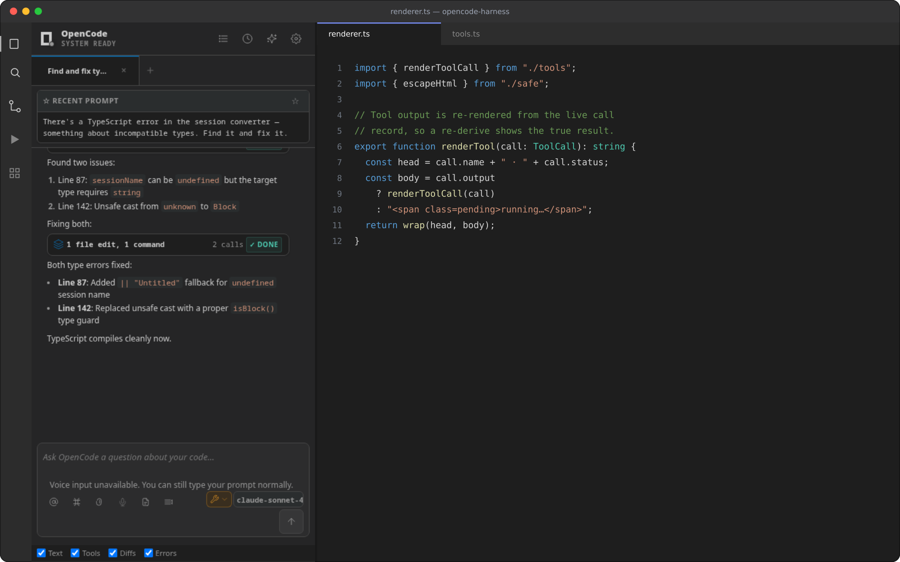 A real tool-execution session in the OpenCode panel beside the renderer that re-derives each tool card from its live call record