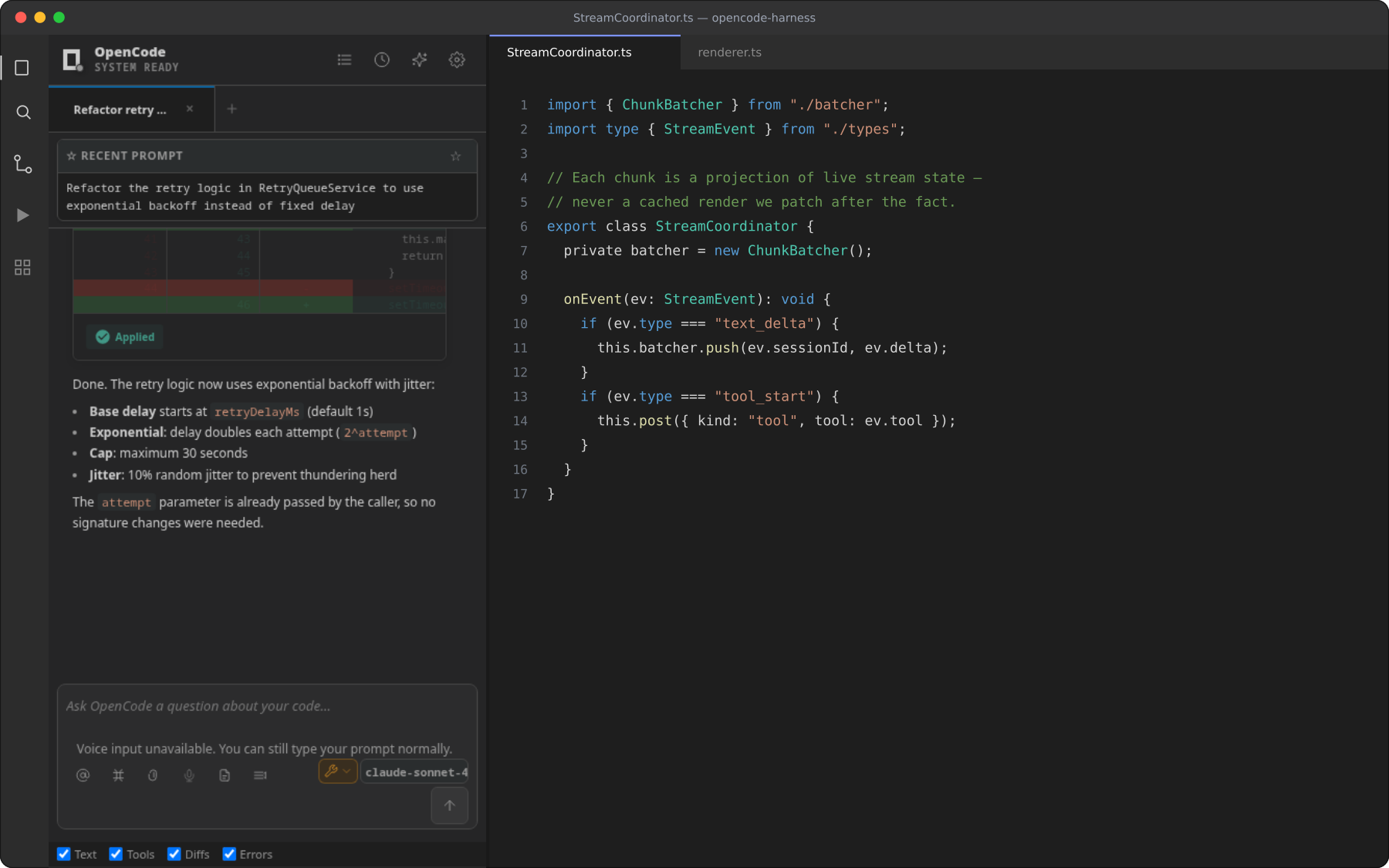 Inside the editor: the OpenCode panel running a coding session next to the StreamCoordinator source that renders each chunk from live stream state