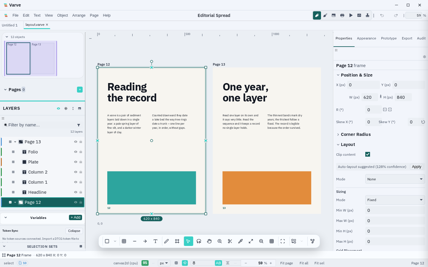 Two-page editorial spread with layout frames, typography, and color blocks