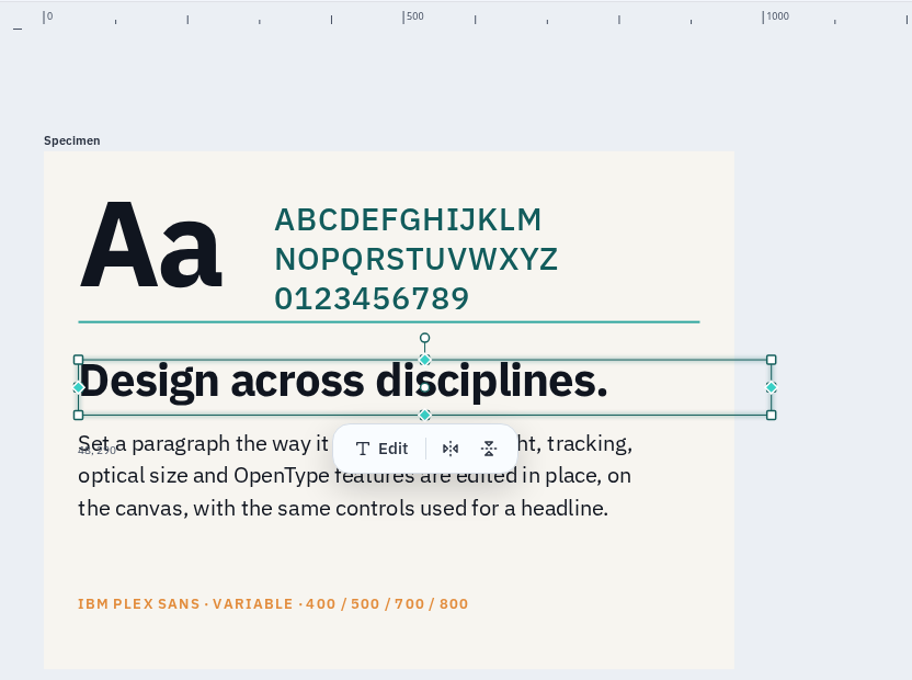 Typography specimen showing variable font axes and OpenType features edited on-canvas