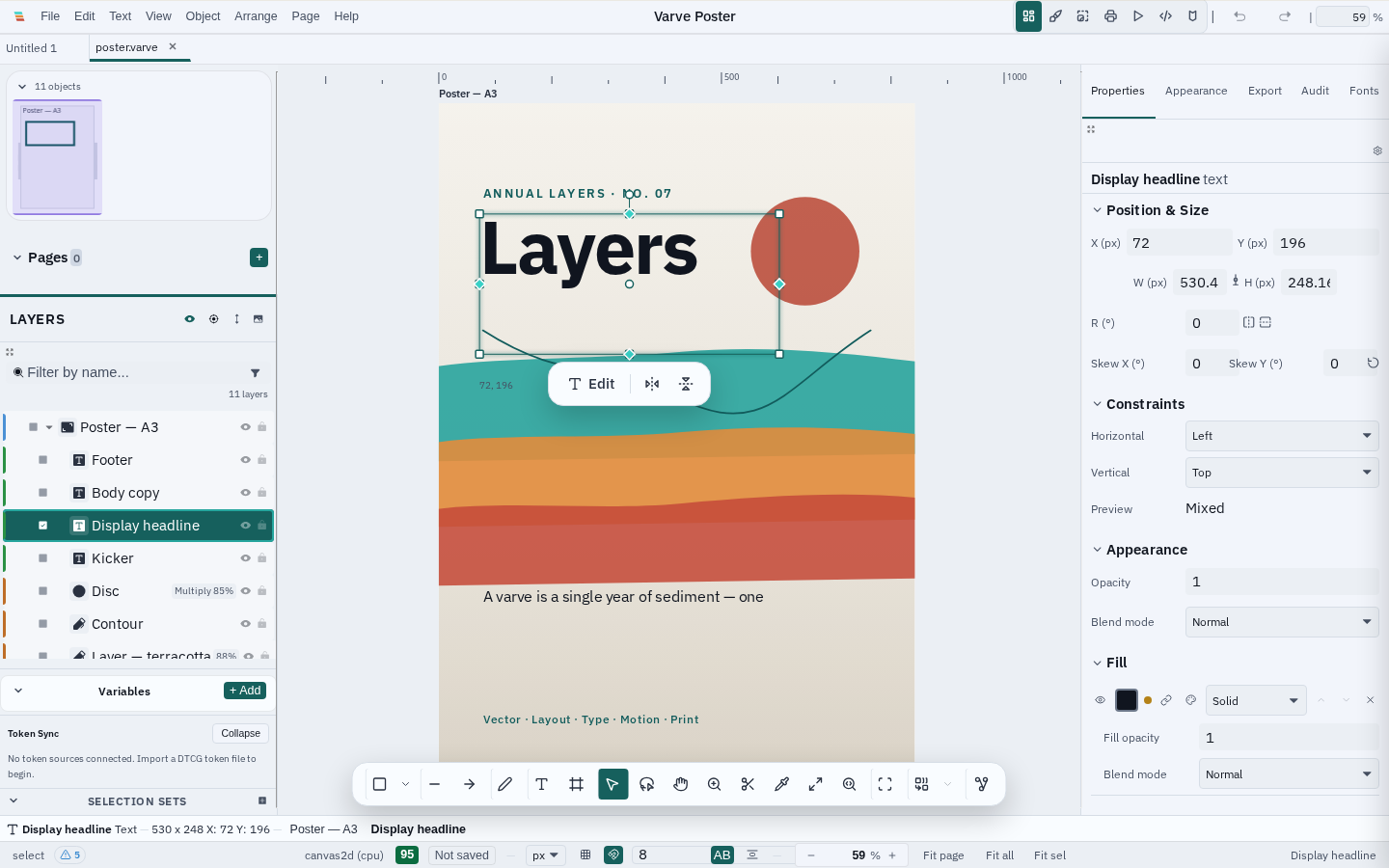 Varve editor showing a poster design with vector shapes, layers panel, and properties inspector — one document spanning vector, layout, typography, motion, and print